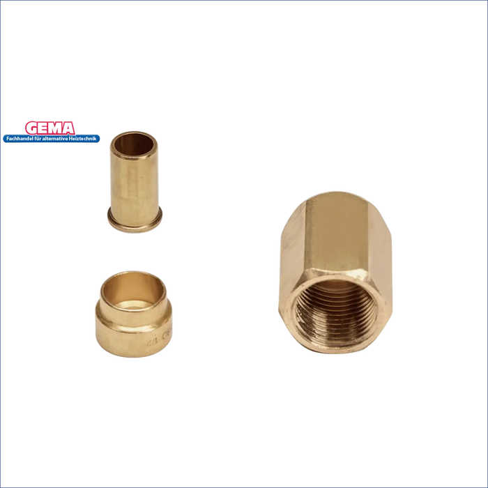 Set of three brass fittings including a nut and two adapters, used for plumbing and HVAC applications.